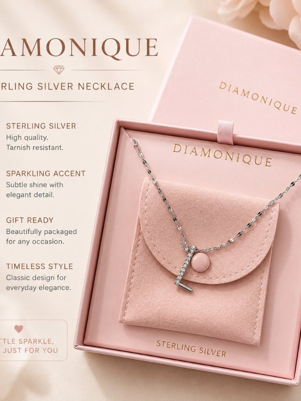 Diamonique Rhodium Plated Sterling Silver Boxed Initial Necklace